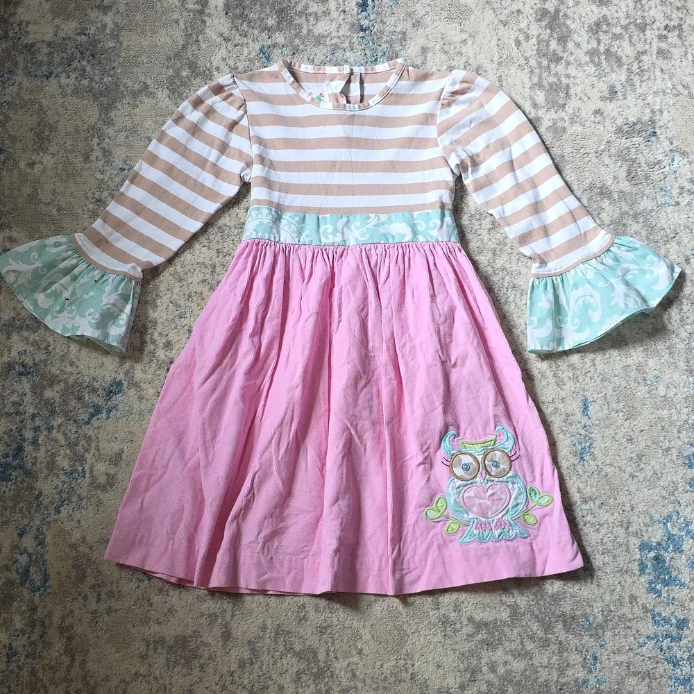 Shrimp & Grits Kids Size 8 Long Sleeve Striped Cordoruy‎ Owl Embroidered Dress